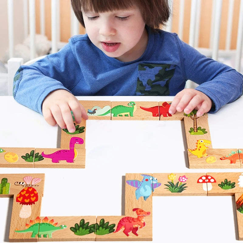 Wooden domino animal dragon matching puzzle graphic early education for ages 3 to 6 - dinosaur