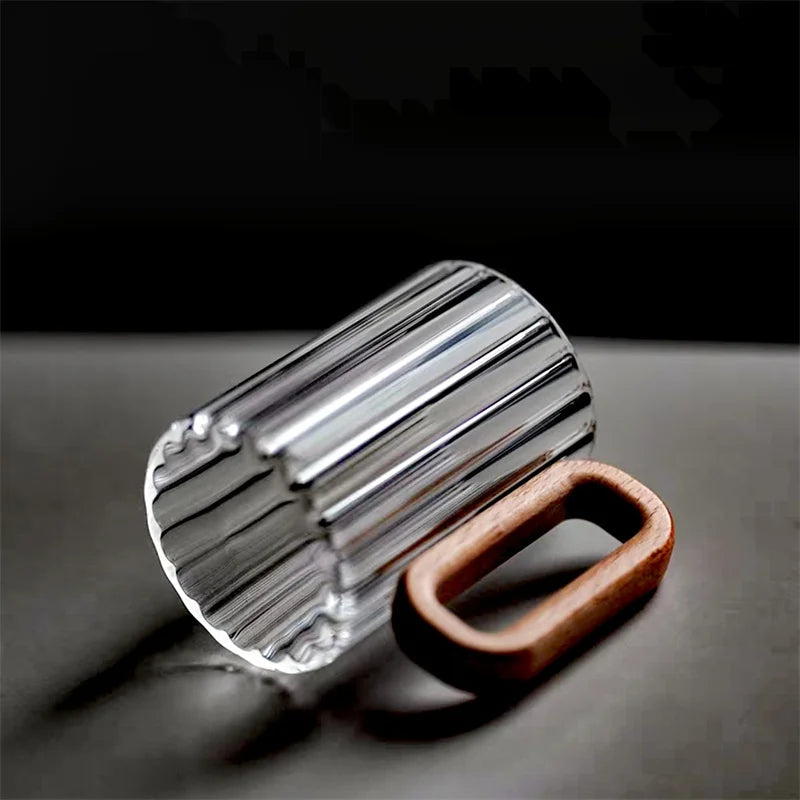 350ml vertical stripe high borosilicate glass coffee mug with walnut wooden handle heat-resistant tea milk cup