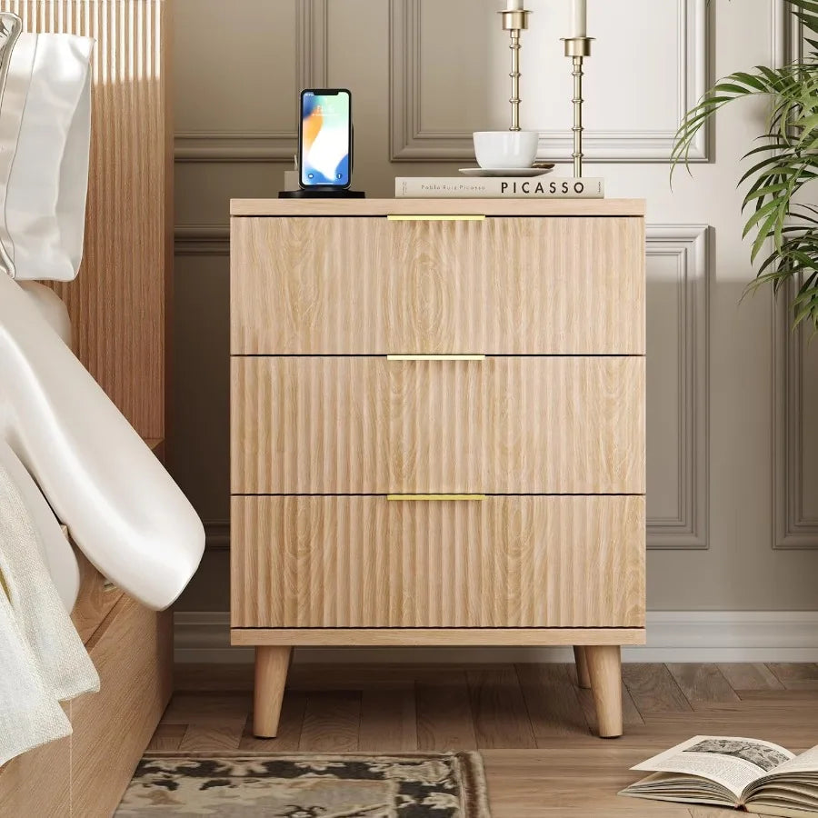 Fluted nightstand with usb charging station 3 drawer dresser wood modern night stand bedside table quiet drawers large
