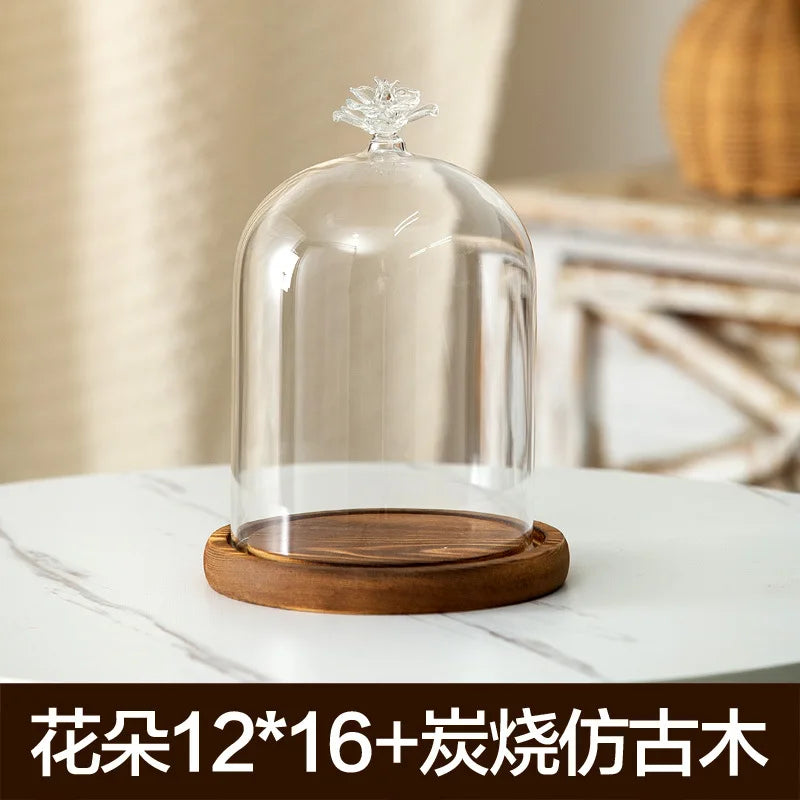 Aromatherapy candle holder ornaments dust-proof glass cover wooden base display box home decoration - flower 16cm
