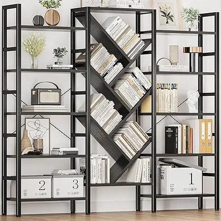 Large industrial-style tall bookshelf with storage cabinet & open shelves - united states / black
