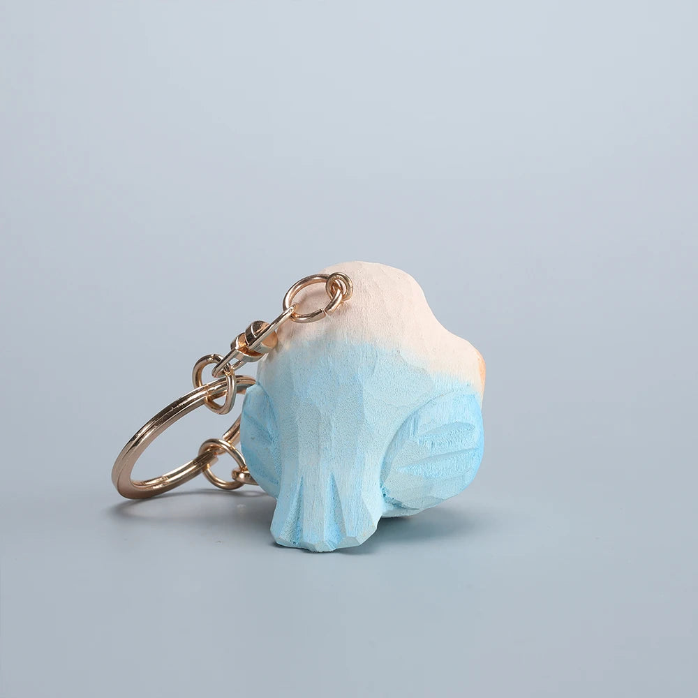 Handcrafted green parrot keychain wooden sculpture bag charm car key holder blue keyring handmade gift christmas - chain