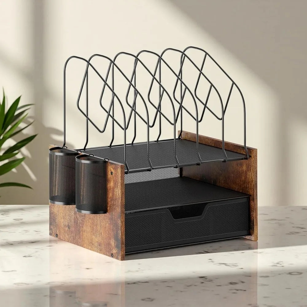 Wood desk organizer - 2-tier desktop file with drawer vertical holder wooden paper tray office organz - united states