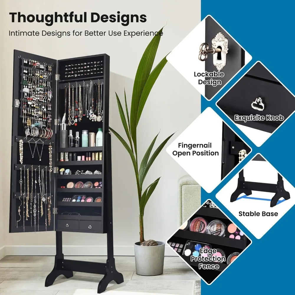 Large wooden mirrored jewelry box with adjustable angles and ample storage capacity