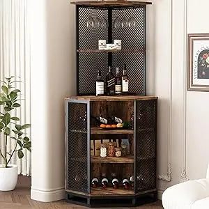 Tall corner bar cabinet large wood and metal liquor with wine rack adjustble shelf storage, - rustic brown / united