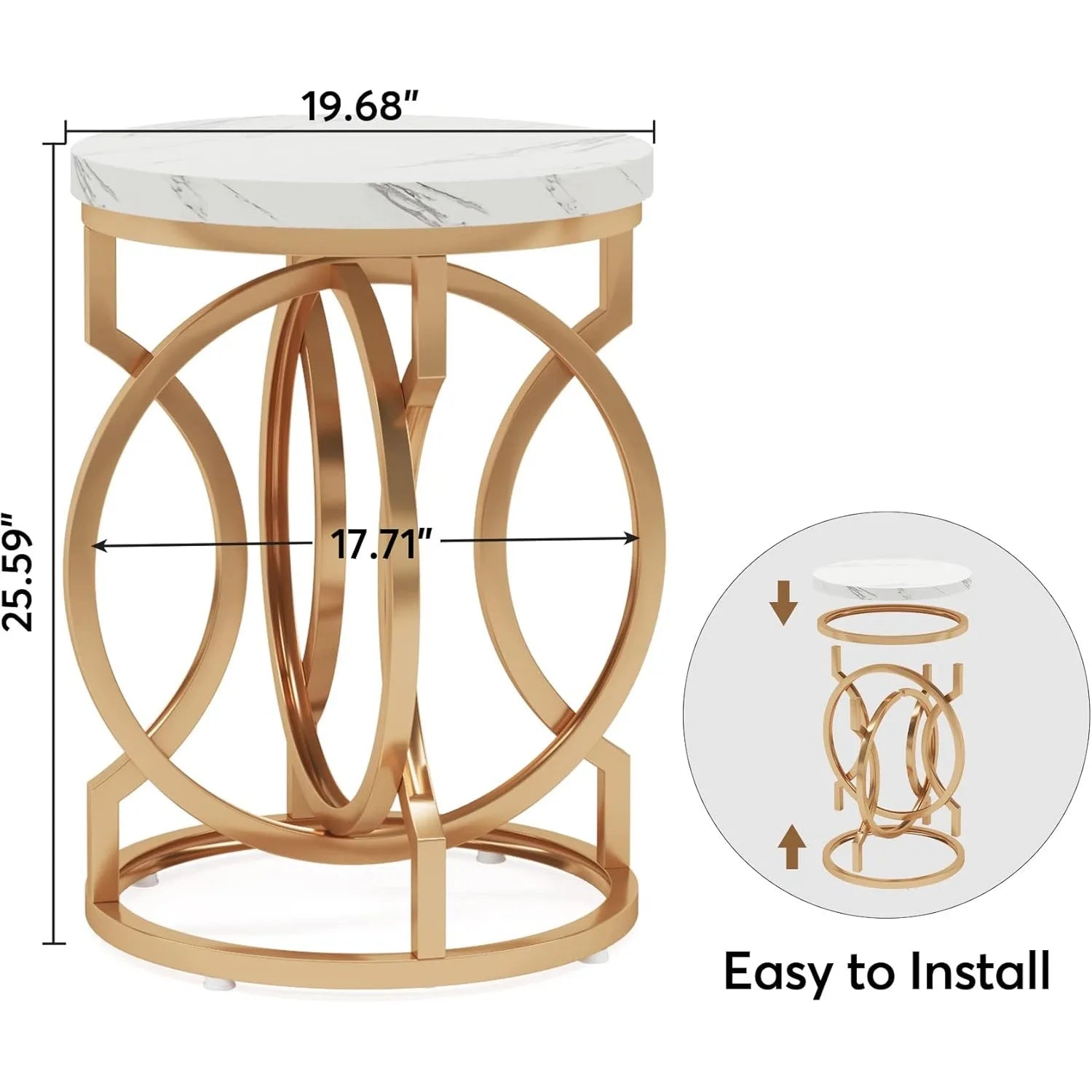 Round end table - multifunctional accent side modern white gold nightstand with faux marble tabletop bedside