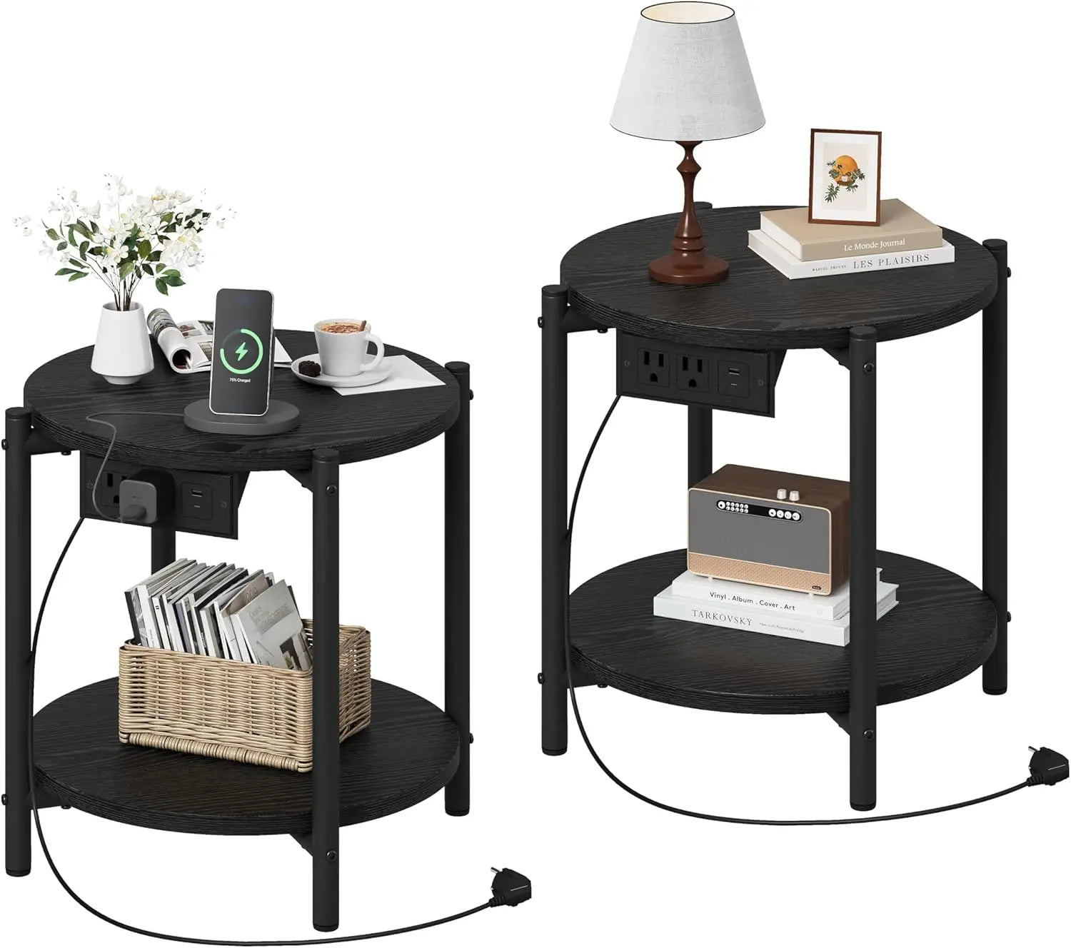Likimio side table set of 2,15.8’’ w modern wooden nightstand for small spaces round & with charging station,bedroom