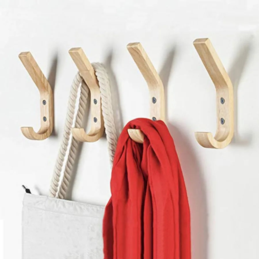 Heavy duty wall mounted wooden coat hooks in natural oak wood for organizing coats keys caps and cups decorative