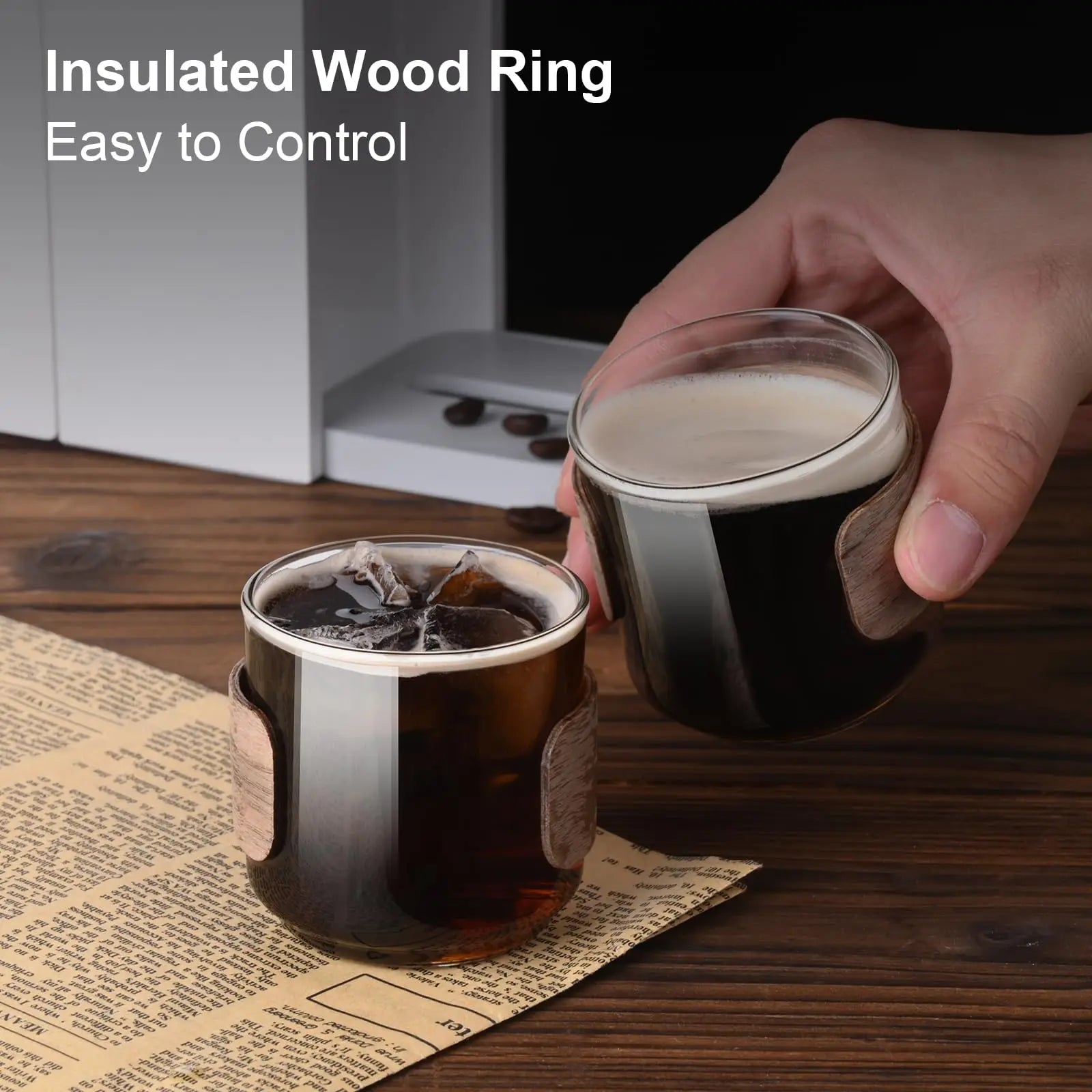 Espresso cups set of 2 with wooden ring 5 oz high borosilicate shot glass clear small expresso shots cup - transparent