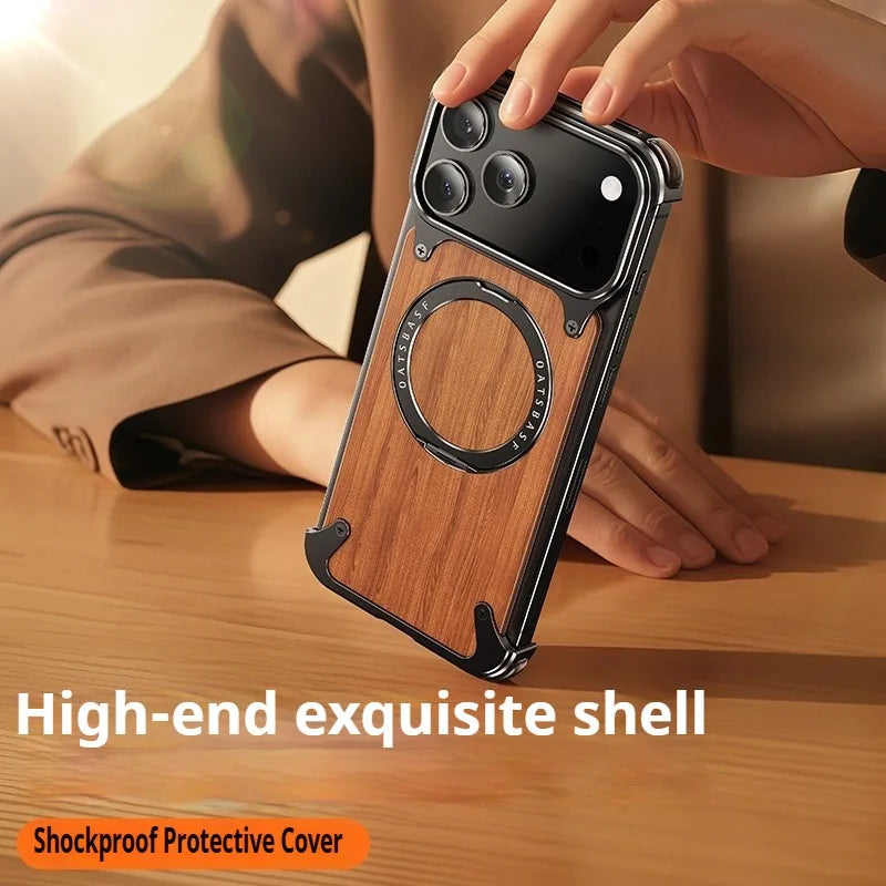 Eary natural wooden frameless case for iphone 17 pro max air with magsafe 360°rotation magnetic stand shockproof phone