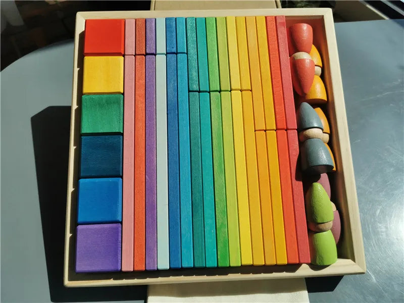 Large rainbow wood building slats construct cubes blocks pastel stacking timber toys for kids early learning - rainbow