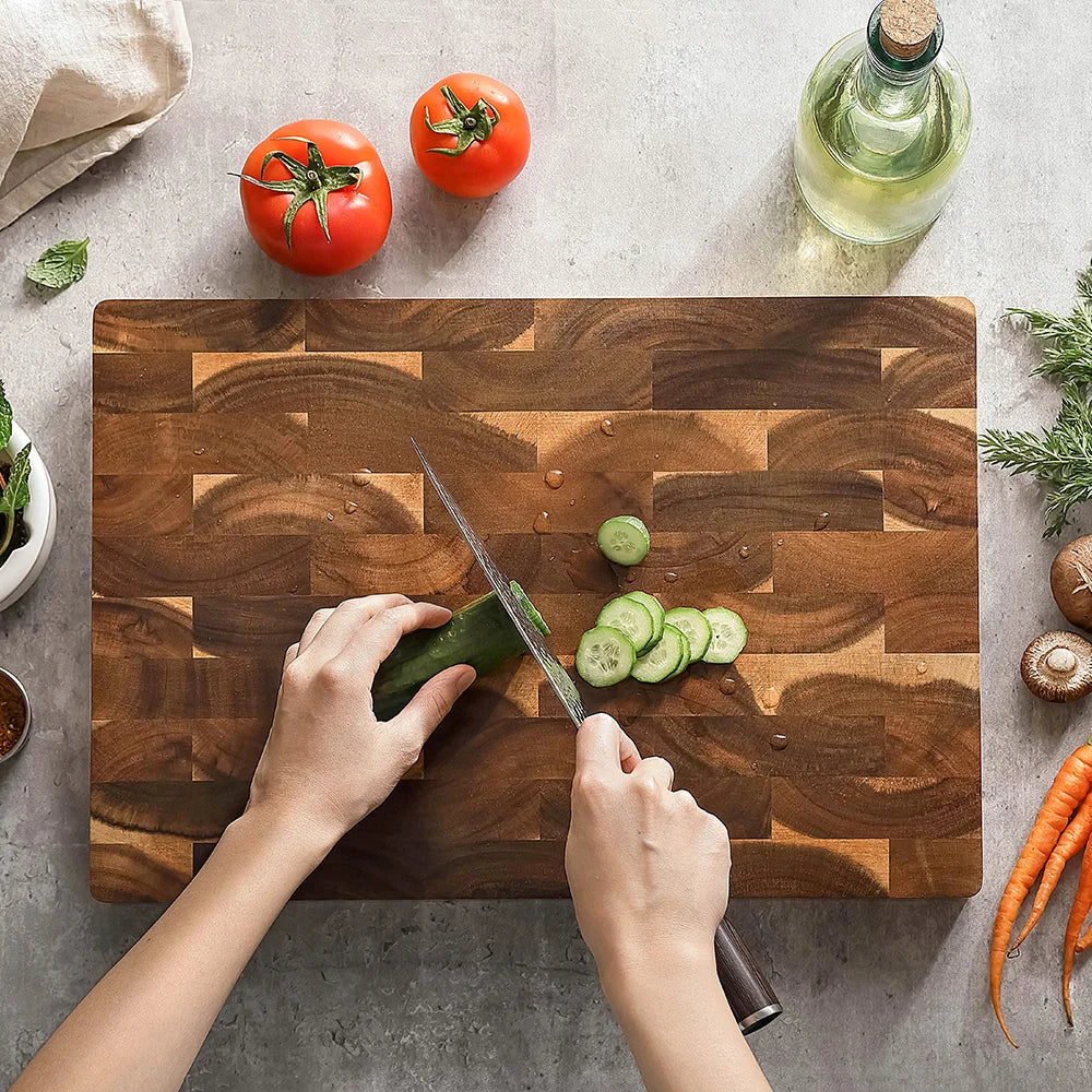 Hezhen acacia wood splicing cutting board end grain kitchen double sided chopping used as a pallet - 400x305x35mm