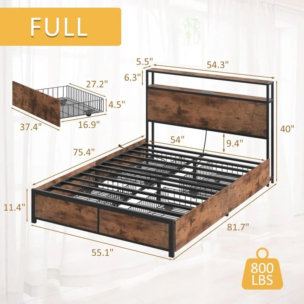 Lifezone full bed frame with 2-tier storage headboard metal platform 4 drawers built in charging statio - united states