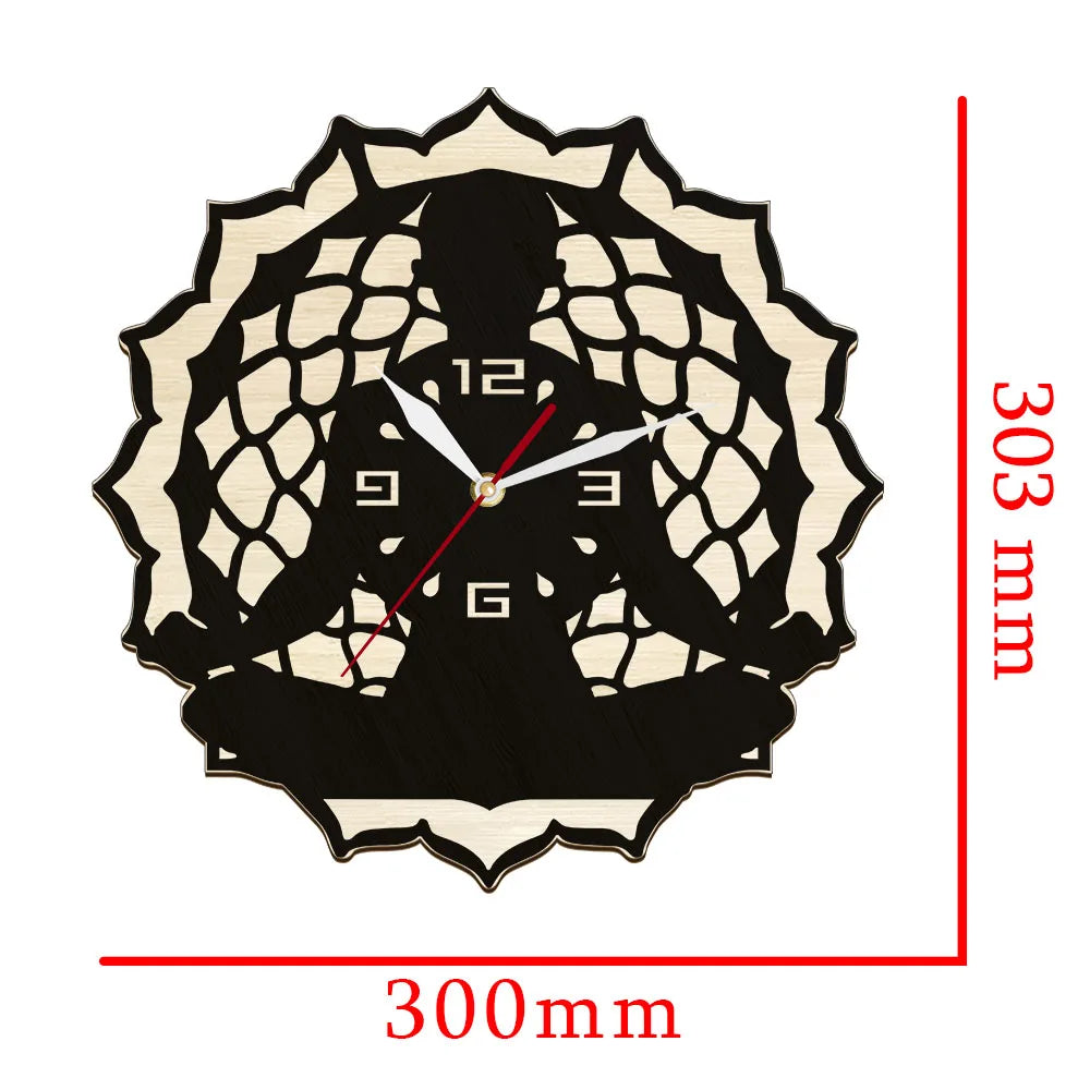 Yoga namaste laser cut wooden wall clock for studio mediation home decor sukhasana yogi artwork rustic natural wood