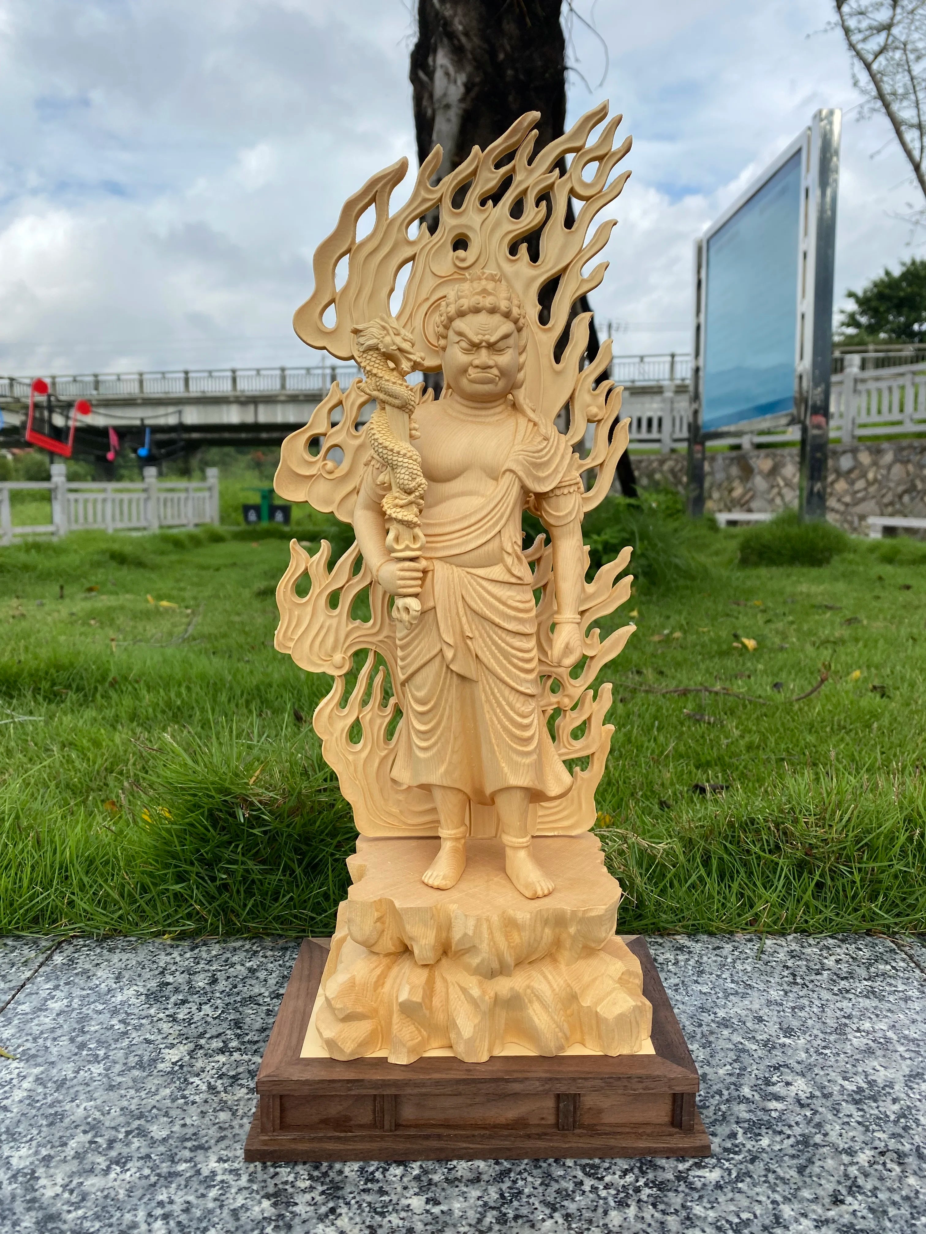Hinoki wood hand carved fudo myoo acalanatha statue figurine with dragon sword - buddhist guardian protector home