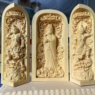 Solid wood carving three open buddha statue collapsible sculpture living room and bedroom decoration modern art - 18