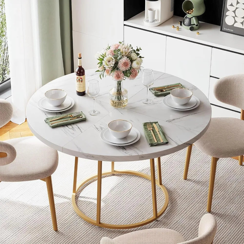 Modern circular wooden dining table for 4-6 47.24’’ diameter with faux marble top and gold base - united states / white