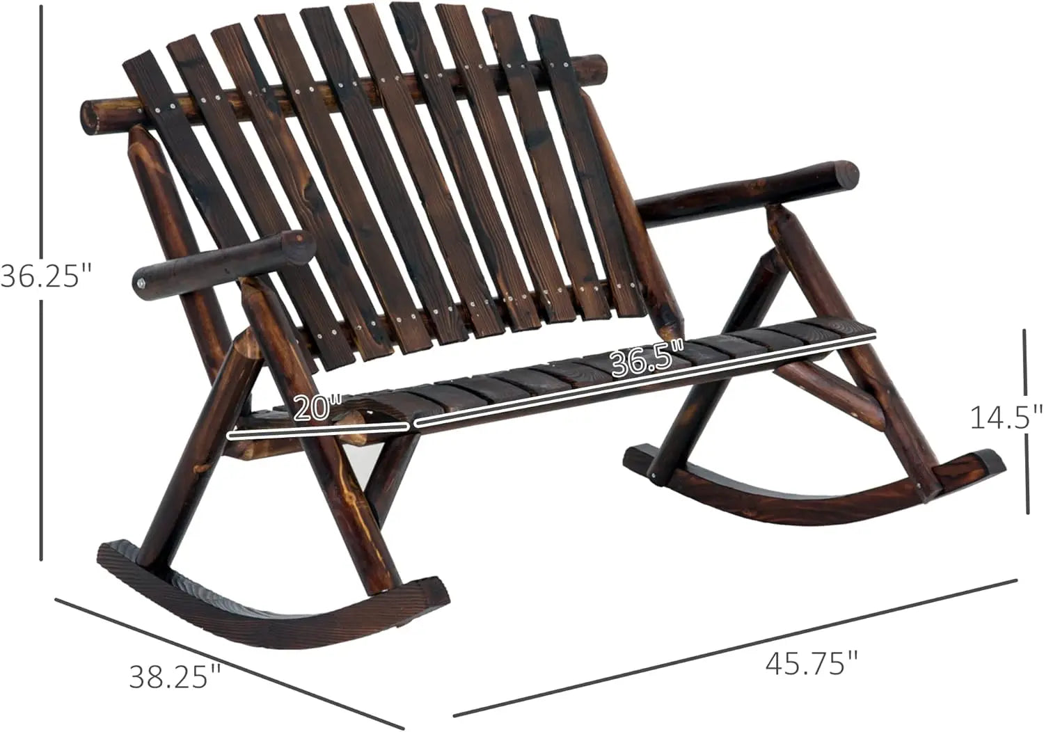 Outdoor wooden rocking chair double-person rustic adirondack rocker with slatted seat high backrest armrests