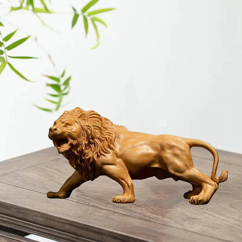 Natural cypress wood lion statue solid hand-carved animal sculpture home room office decoration artwork the perfect