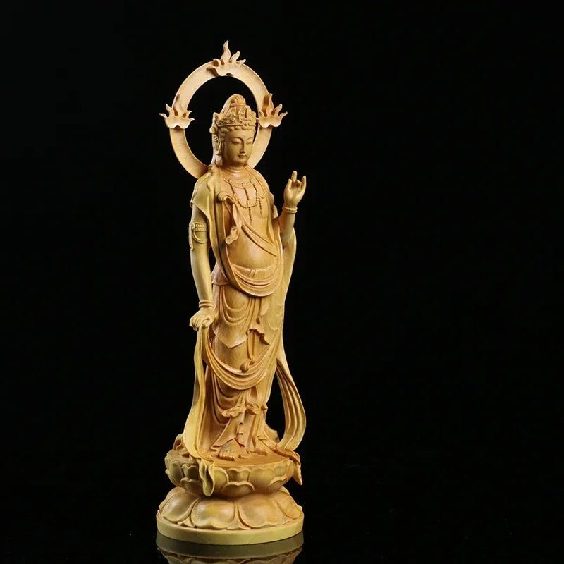23cm boxwood carving furnishing ornaments wood crafts buddha statue gifts guanyin sculpture decoration - religious