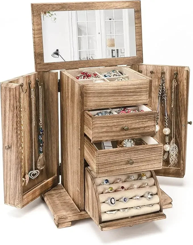 Jewelry box for women rustic wooden boxes & organizers with mirror 4 layer organizer display - brown / united states