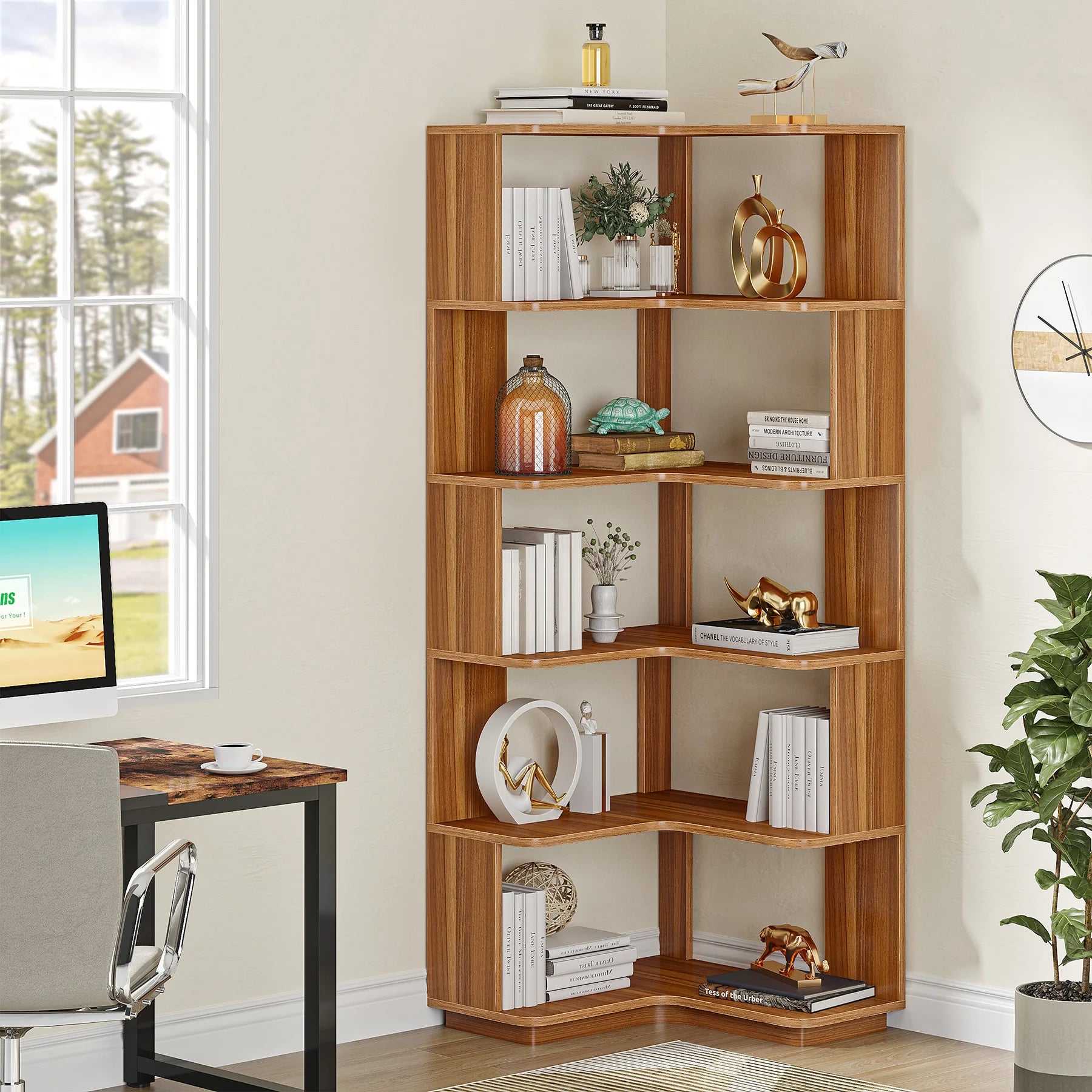 Tribesigns 6 tier corner bookshelf 64.96 inch tall industrial bookcase with anti-drop panel,wood grain shelf