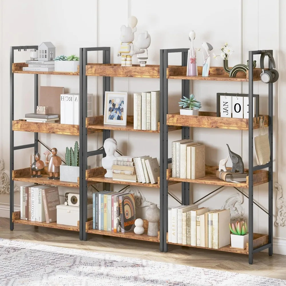 Stylish 4-tier wooden & black metal bookshelf adjustable vertical shelving for home office