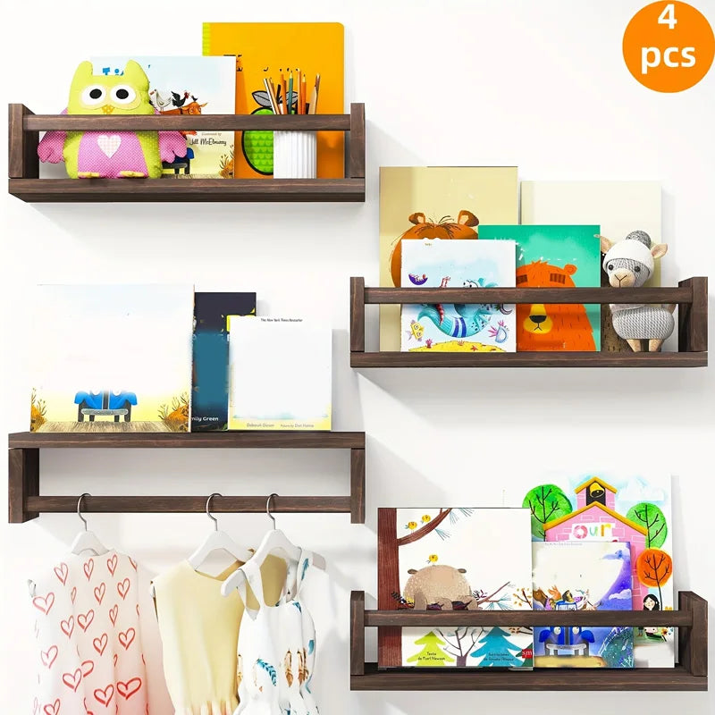 Floating nursery book shelves for wall set of 4 bookshelf kids room small wood shelf bookshelves baby teen - 4pcs 1