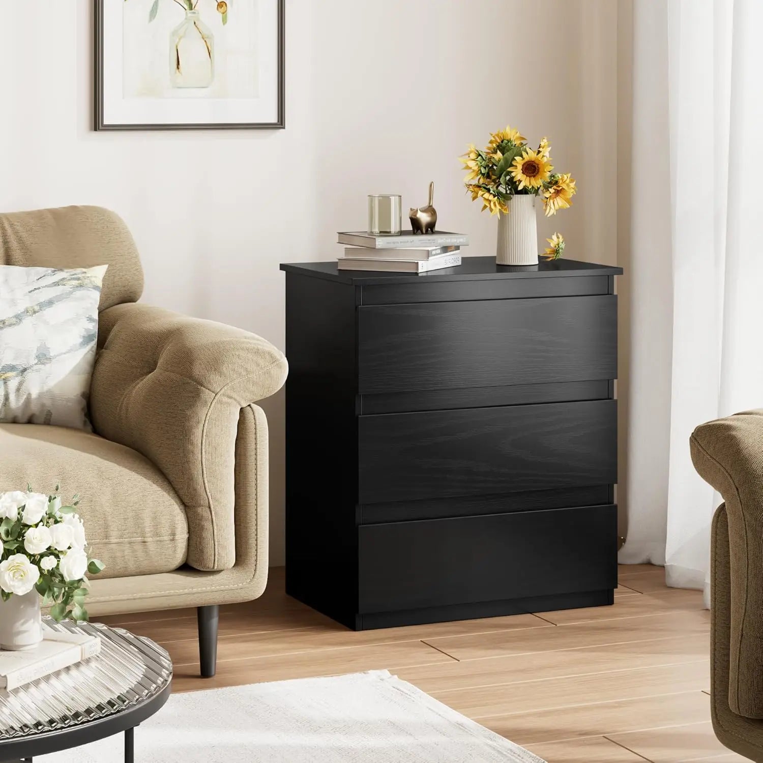 Black nightstand with 3 drawers beside table for bedroom small side storage cabinet drawer night stand fo