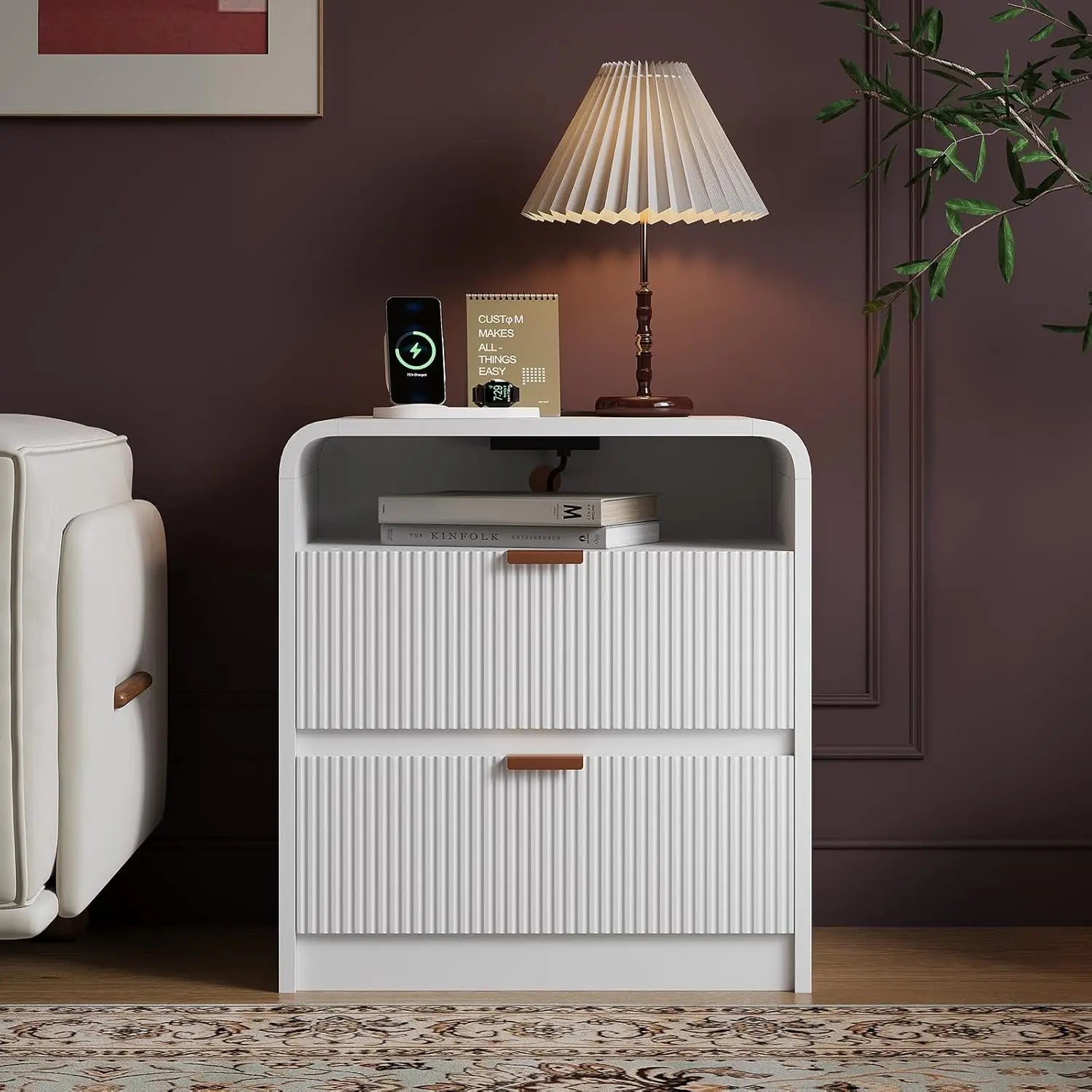 Fluted nightstand with charging station wooden end table 2 drawers storage curved profile design modern bedside cabinet