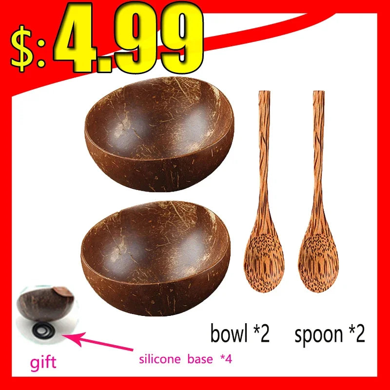 Natural coconut bowl 12-15cm handmade wooden tableware wood spoon dessert fruit salad mixing rice ramen kitchen