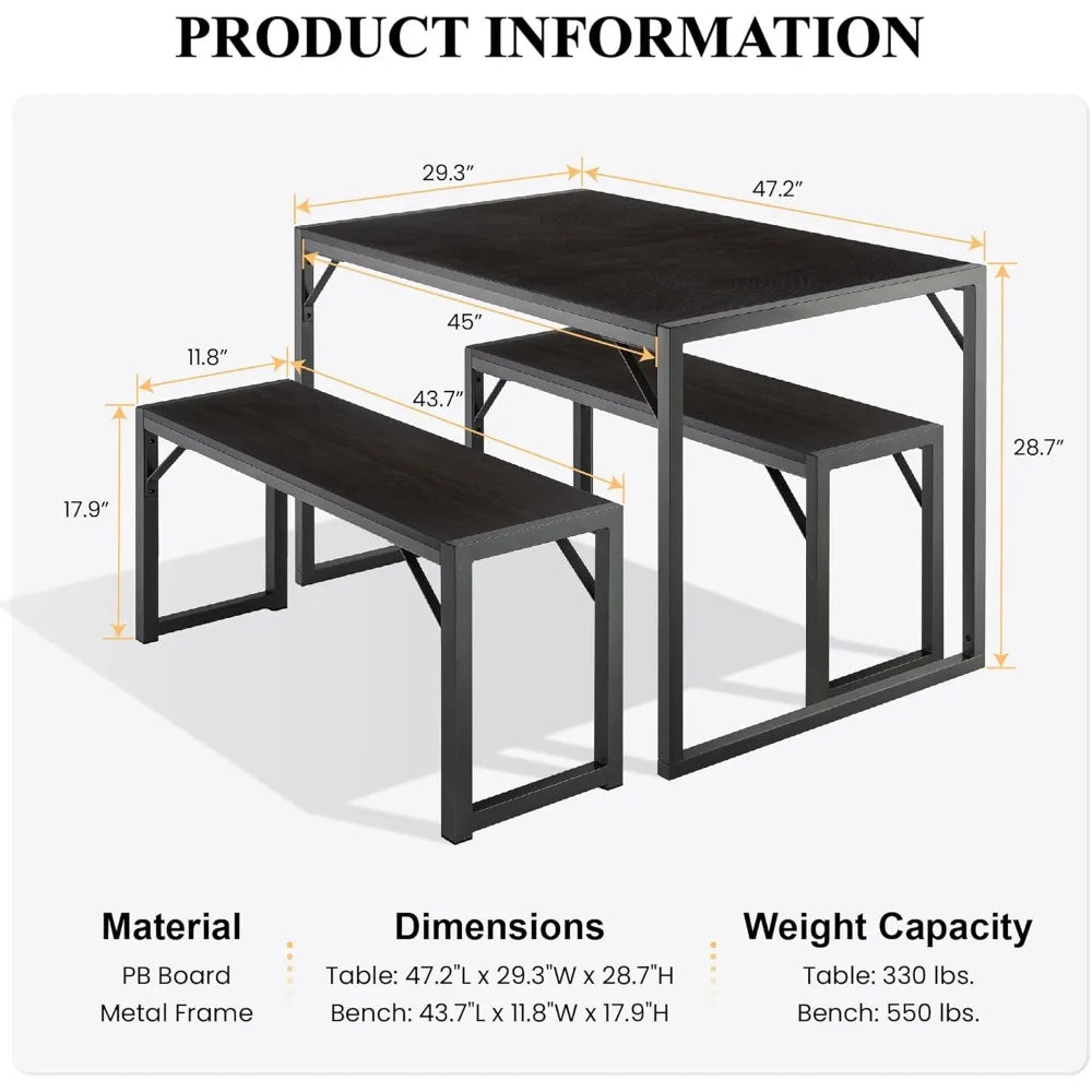Sha cerlin kitchen dining table set for 4 with benches rustic small space saving dinette heavy duty metal frame