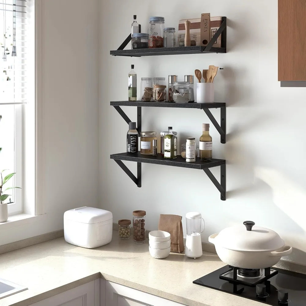 Floating shelves for wall 16 inch long wood set of 3 mounted hanging shelf bathroom bedroom kitchen, - united states