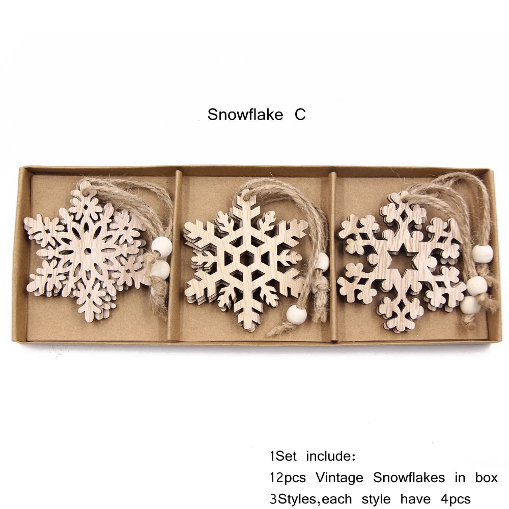 12pcs/box wooden hollow snowflake christmas vintage pendants xmas hanging ornaments for noel tree decorations diy