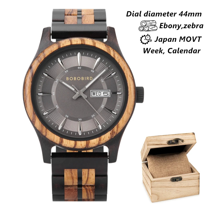 Bobo bird men’s watches fashion wooden wristwatch week & auto-date display watch for men with gift box 2025 new - black