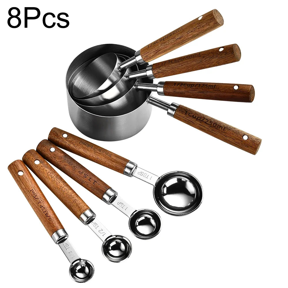 8pcs stainless steel measuring spoons set wooden handle with scale for baking cooking kitchen tools - 8pcs silver