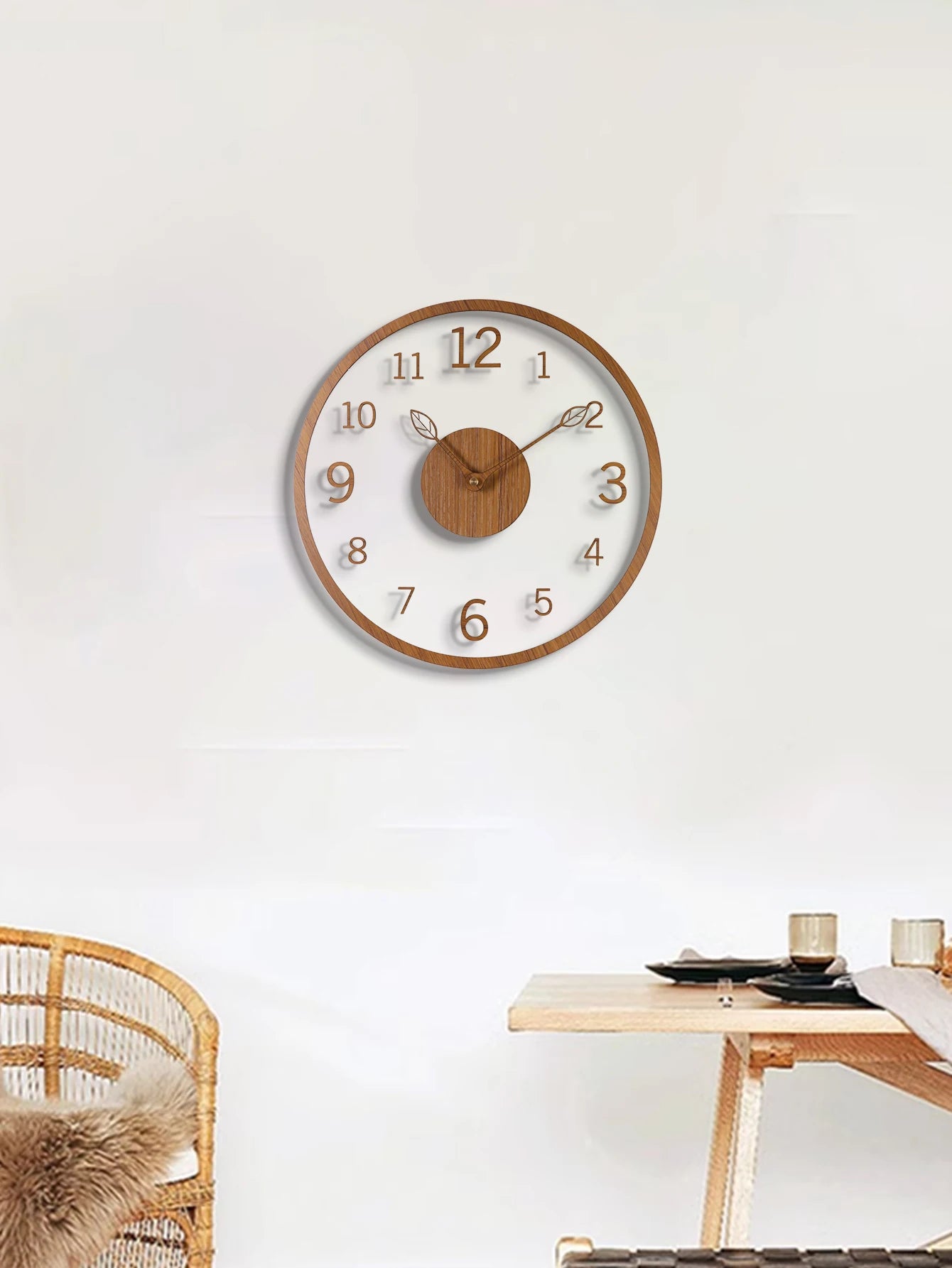 Transparent minimalist wall clock tree leaf pointer wood grain silent living room bedroom office and holiday de - 12