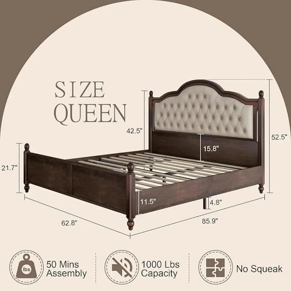 Solid wood bed frame queen size transitional platform with 52.5’’ upholstered tufted headboard rubberwood/roman column