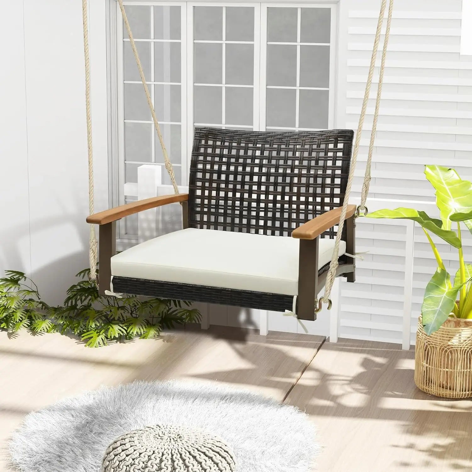 1-person outdoor rattan swing chair with cushion single bench featuring acacia wood armrests and hanging hemp rope