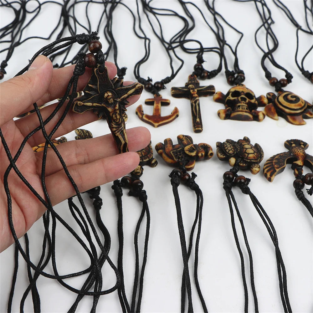 20pcs/lot vintage punk style wooden necklace owl turtle men women beaded pendant choker sweater dress neck jewelry