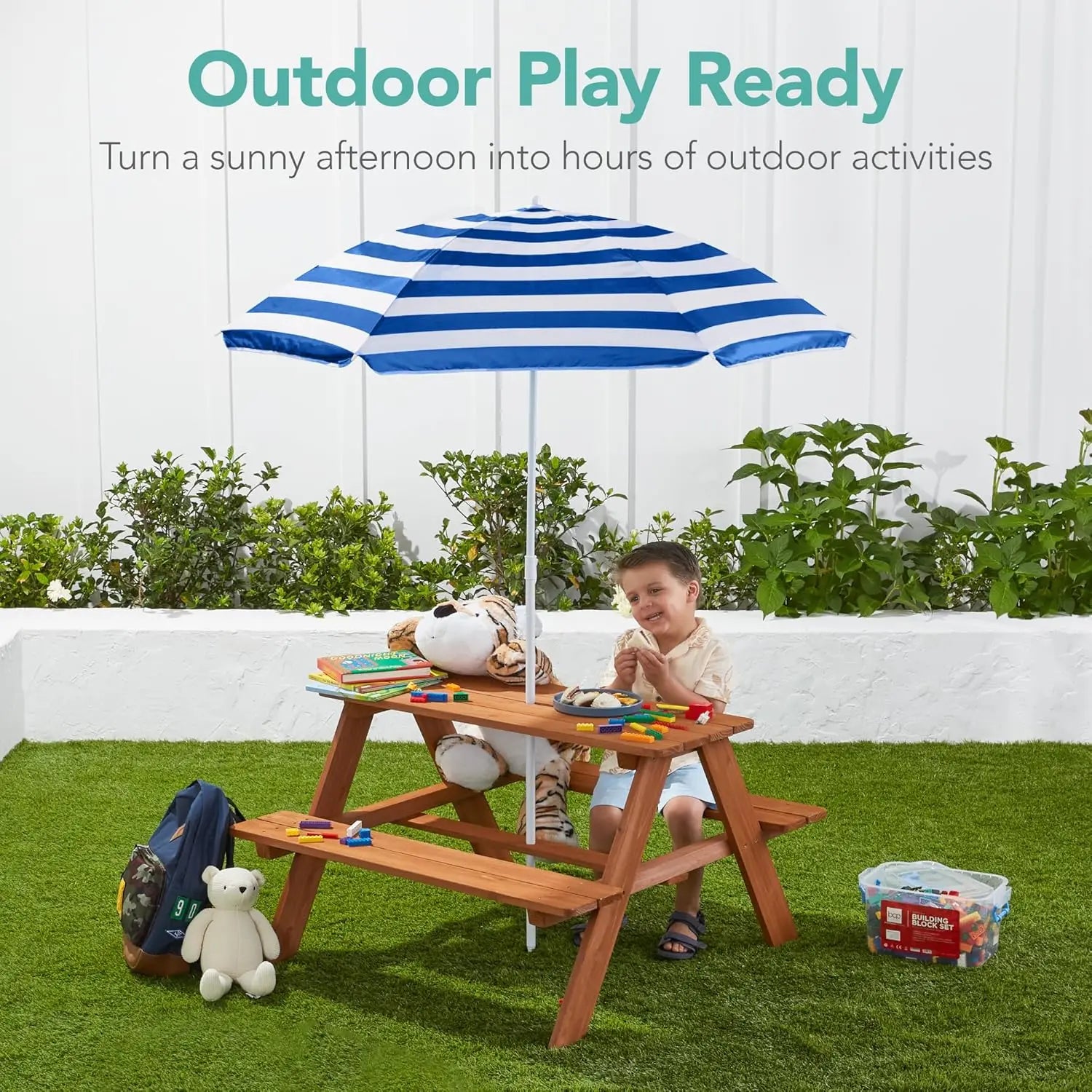 Kids wooden picnic table outdoor activity & dining w/adjustable collapsible umbrella built-in seats - golden brown/navy