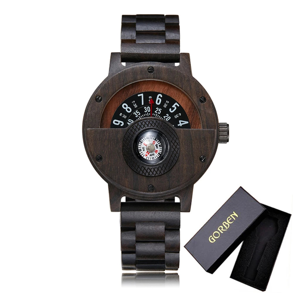 Natural wood watch men’s rotary table compass dial real walnut ebony bamboo brown concept quartz - w273-2 with box