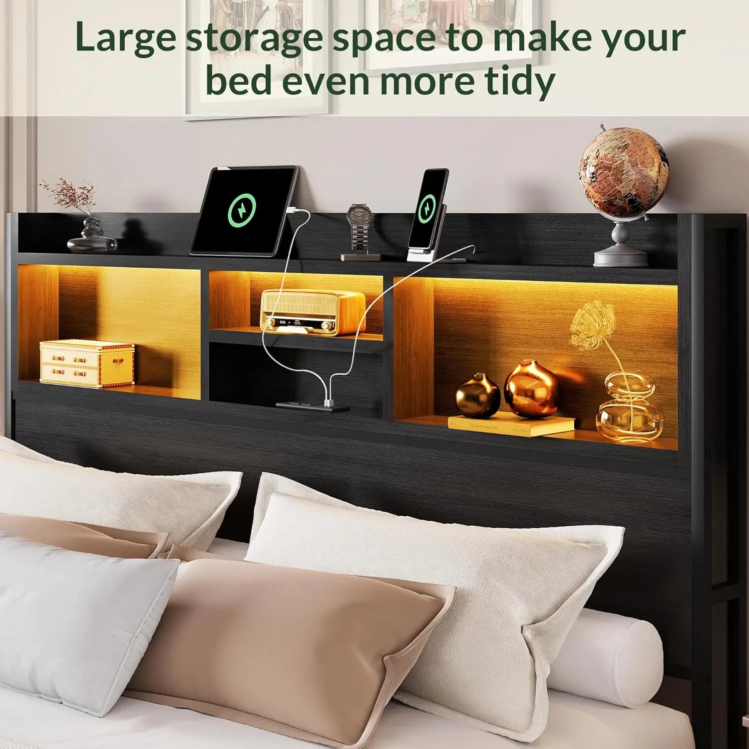 Queen size wooden bed frame with 6 drawers headboard led lights & charging station no box spring needed black - united