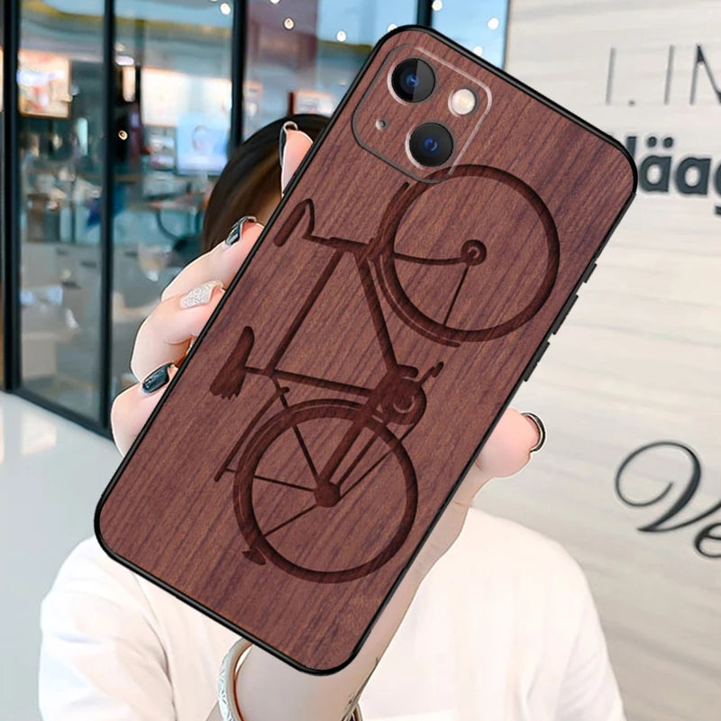 Wolf bike butterfly wood phone case for iphone 13 12 mini 11 14 15 16 pro max plus x xs xr cover shell - ooo849 / 14pro