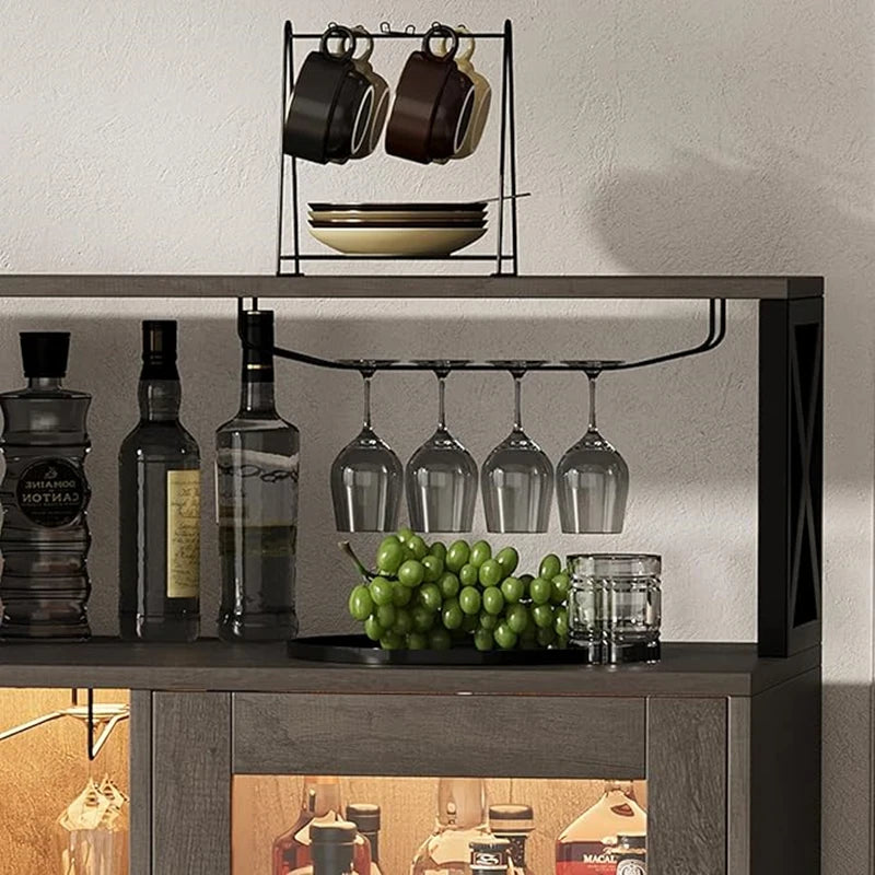 Wine bar cabinet with led light tempered glass doors power outlet and goblet holder,liquor storage for dining room