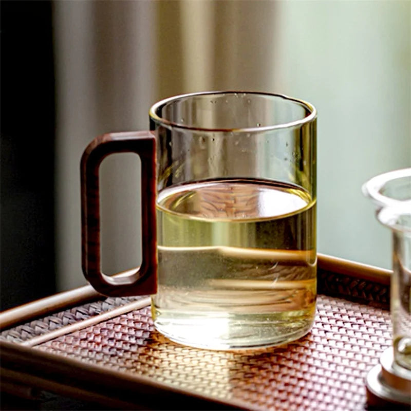 400ml high borosilicate glass coffee mug with walnut wooden handle heat-resistant tea breakfast milk cups and mugs