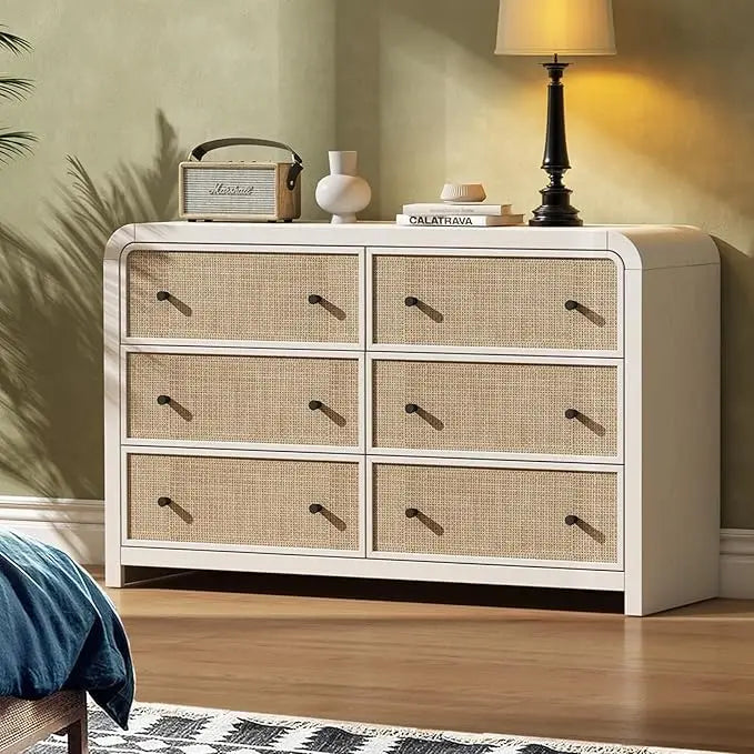 6 drawer dresser for bedroom 49’’ rattan with ample storage boho chest of drawers thickened curved profile design