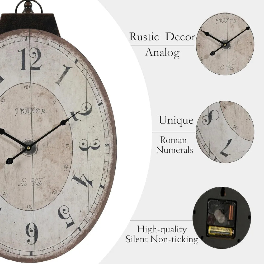 Rustic farmhouse style oval wall clock - 18 x 29 inches solid wood silent non-ticking battery-powered decorative for li