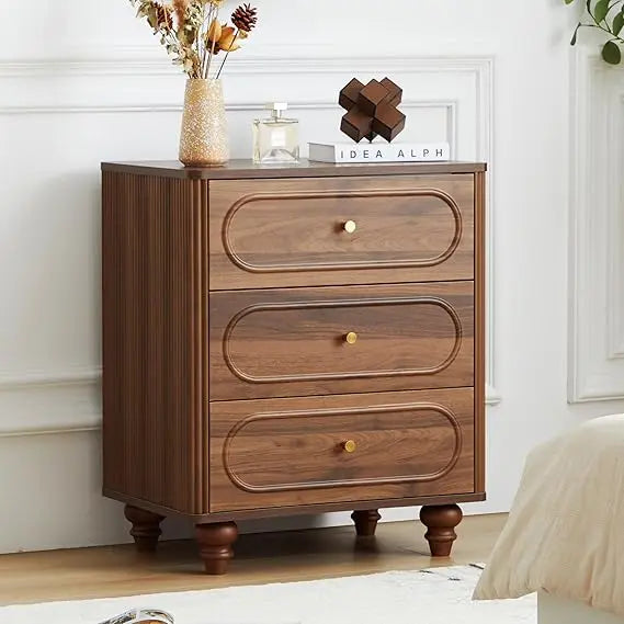 3 drawer fluted dresser for bedroom mid century modern chest of drawers wood storage small organizer livi - walnut