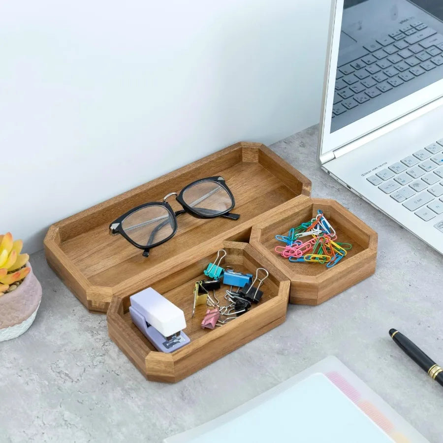 Premium solid acacia wood octagonal desk organizer trays for office and home use 3-piece set with elegant storage